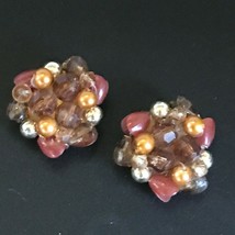 Vintage Rusty Red Bronze Amber Plastic Bead Cluster Clip Earrings – 1 and 1/8th’ - £8.92 GBP