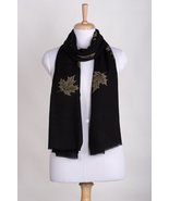 Gold Maple Leaf Cashmere Wool Scarf - Black - £78.69 GBP