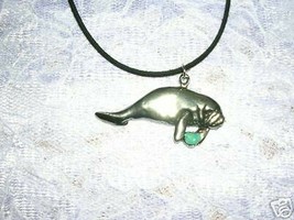 Sea Cow Oc EAN Manatee With Turquoise Gem Usa Pewter Pendant Adj Cord Necklace - £9.40 GBP