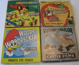 4 8mm Film Reels Movies Mighty Mouse Woody Woodpecker Sinbad Sailor Fair Wormer - £14.62 GBP