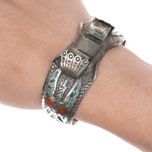 6 3/8&quot; Vintage Navajo sterling chip inlay watch cuff bracelet - £58.84 GBP