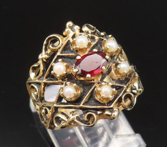 14K GOLD - Vintage Victorian Ruby &amp; Cultured Pearls Cutout Ring Sz 7.5 -... - £386.96 GBP