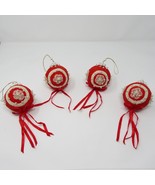Vintage Push Pin Beaded Ornaments Red Velvet White Lace Beads Lot of 4 - $22.99