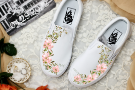 Pink Peach Light Green Flower - Wedding Custom Slip On Vans Bridal Shoes... - £135.09 GBP