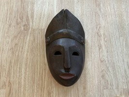 Vintage African Tribal Carved Mask Wood Wall Art Cutout Eyes Big Lips Brown - £33.74 GBP