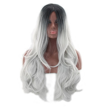 Ombre Black to White Heat Resistant Synthetic Hair None Lace Wigs Body Wave 24in - £10.22 GBP