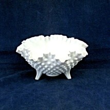 Fenton Milk Glass Three Footed Ruffled Crimped Edge Hobnail Bowl Dish - $24.75