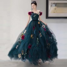 Beautiful Wedding Off-Shoulder Dark Blue Sweetheart Tulle Dress Lush A-Line Flor - £376.48 GBP