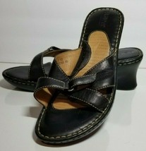 Born Black Leather Wedge Heels/Sandals adjustable width 10M/W/42  - £23.67 GBP
