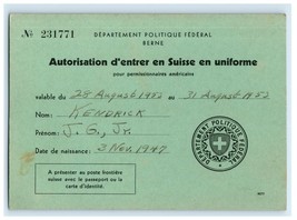 1950s Card Authorization To Enter Switzerland In Uniform Berne JG Kendrick - $8.90