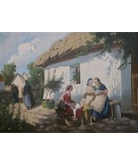 20th Century Vintage Hungarian Women In Village Scene Contemporary Oil P... - $1,519.99