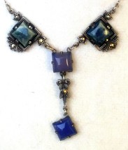 Art Deco Sterling Silver Marcasite &amp; Blue Violet Gemstone Lavalier Necklace - $173.25