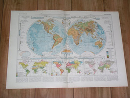 1925 Vintage Map Of The World / Human Races / North South Pole Antarctica - £21.24 GBP