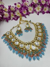 Bollywood Style Kundan Pearl Choker Necklace Earrings Indian Blue Jewelry Set - £66.48 GBP