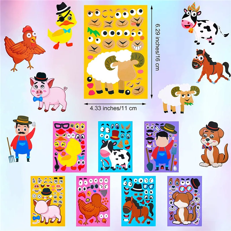 Play 8 Sheets Puzzle Games Play Stickers DIY Funny Make A Face Dinosaur Animal M - £23.15 GBP