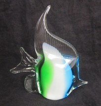 Vintage Art Glass Tropical Angel Fish Paperweight Figurine Blue White and Green - $14.80