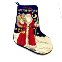 Lands End Wool Needlepoint Velvet Santa Christmas Stocking Embroidered Grandpa - $34.99