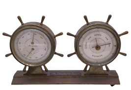Airguide Brass Barometer Ship&#39;s Wheel Nautical Weather Station Thermometer Desk - £30.96 GBP