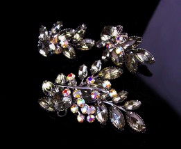 1950s Large Rhinestone brooch set - smoky topaz clip on earrings - 3&quot; na... - $125.00