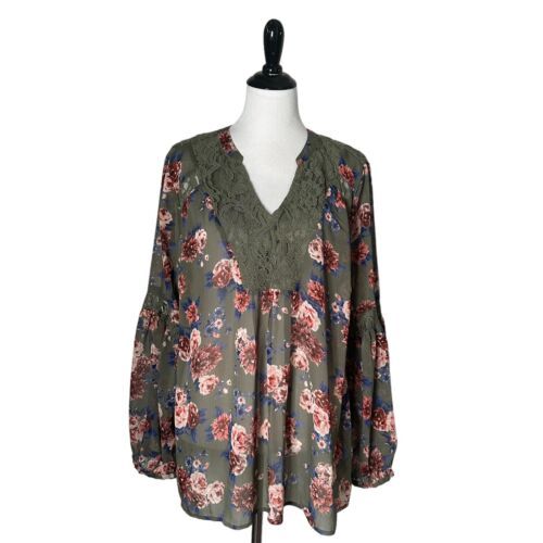 Primary image for Torrid Floral Print Blouse Sheer Green Lace Trim Long Sleeve Top Plus Size 2 2XL