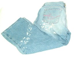 Vtg Tommy Jeans Denim Cropped Pants 2005 Pink Stitch Distressed Bleached... - £10.11 GBP