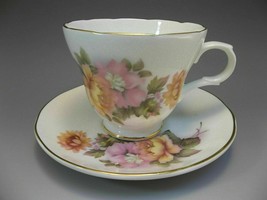 Vintage Crown Trent Tea Cup Saucer Staffordhsire Pink Peach Roses English China - £10.95 GBP