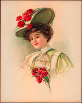 1908 Victorian Print - Lady in Hat with Large Red Carnations - £9.77 GBP