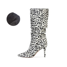 I women mid calf boots pink leopard thin high heels lady winter velvet footwear slip on thumb200