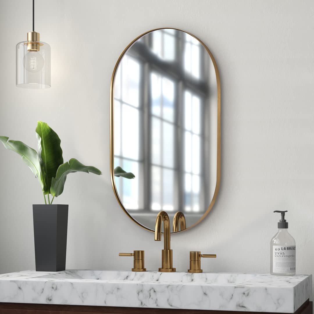 Andy Star Oval Gold Mirror, 20X33" Oval Brass Mirror, Stainless Steel Metal - $194.99