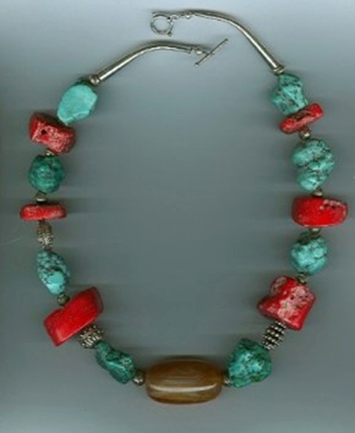 Primary image for Chinese Turquoise, Dyed Bambo Knuckles and Copal Amber Necklace