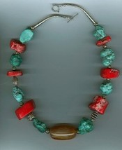 Chinese Turquoise, Dyed Bambo Knuckles and Copal Amber Necklace - £54.81 GBP