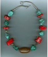 Chinese Turquoise, Dyed Bambo Knuckles and Copal Amber Necklace - $96.04 CAD