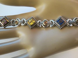 FAS Sterling Silver Colorful Jeweled Bracelet 7.5&quot; Princess Cut Stones 2... - $59.99