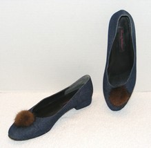 Beverly Feldman Blue Denim Mink Pom Pom Women&#39;s Flats Shoes 10M Guc - £16.88 GBP