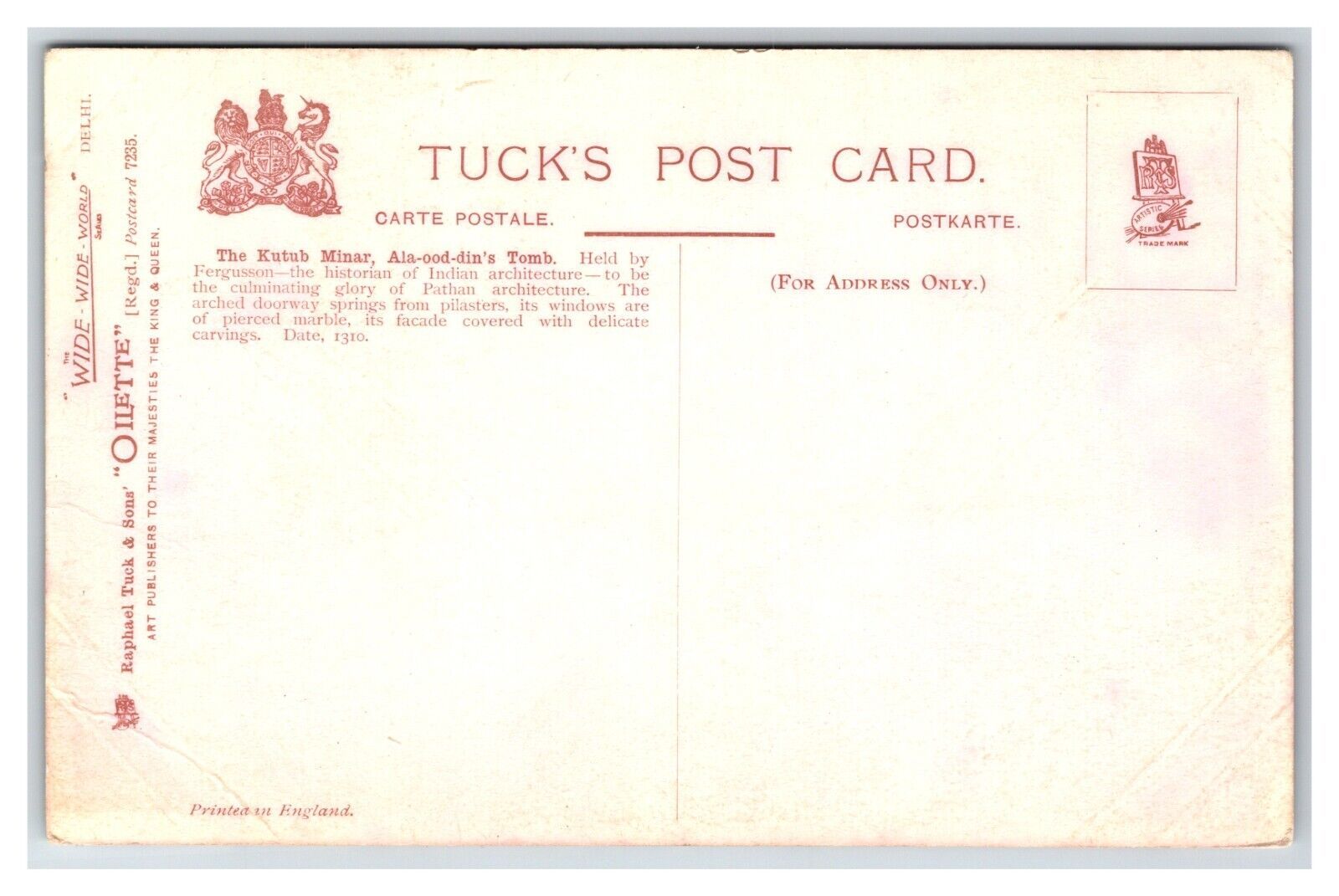 Kutub Minar  Delhi India UNP Raphael Tuck 7235 DB Postcard O16 Item image 2