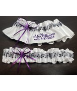 Music Notes Name and Date wedding garters pick your colors - $34.00