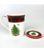 Spode Christmas Tree Mug With Coster Tartan Trim Plaid Set Holidays - $21.78