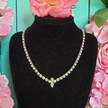 Vintage Unsigned Clear Rhinestone Silver Tone Choker Necklace w Safety Chain - £19.73 GBP