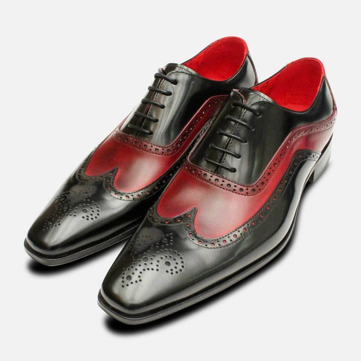 Men Black Red Cont Brogue Toe Wing Tip Oxford Genuine Leather Shoes US 7-16