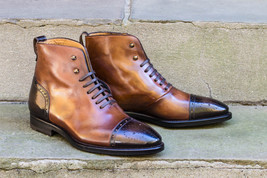 High Ankle Two Tone Brown Genuine Leather Brogue Cap Toe Laceup Handmade Boots - £142.63 GBP+