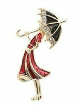 Vintage Look Gold Plated Red Lady Umbrella Brooch Suit Coat Broach Pin Collar U1 - £12.22 GBP