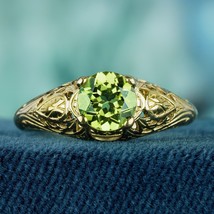 Natural Peridot Vintage Style Carved Solitaire Ring in Solid 9K Yellow Gold - £430.72 GBP