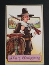 A Hearty Thanksgiving Pilgrim Gun Turkey Embossed c1910s Series #256A Postcard - £6.38 GBP