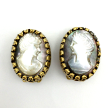 CARVED abalone shell cameo clip-on earrings - 3/4&quot; vintage ornate gold-tone - £17.79 GBP