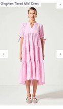 English Factory Gingham Tiered Midi Dress Womens Pink Puff Sleeves XS - $67.80 CAD