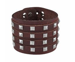 Zeckos Brown Leather 4 Row Pyramid Studded Wristband Bracelet - $14.21