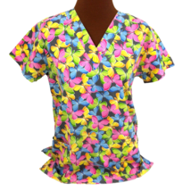 Cassandra O Womens Scrub Top Small S Multi-Color Butterflies Bright - £9.18 GBP