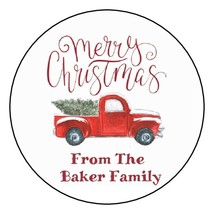 12 Personalized Christmas Stickers Gift tags Labels 2.5&quot; Tree Vintage red truck  - £9.56 GBP