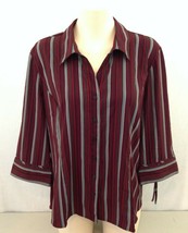 Reitman&#39;s Burgundy Gray Striped 3/4 Sleeve Classic Fit Button Up Blouse XL NEW - £10.33 GBP