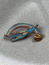 Vintage Blue Bird Flying into Enamel Rainbow w Pot of Gold Goldtone Pin Brooch – - £10.25 GBP